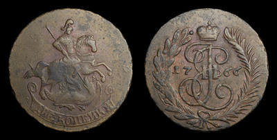 2 Копейки 1766 года, ММ. Перечекан из 4 Копеек 1762 года