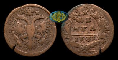 Денга 1731 года. Перечекан из копейки Петра I