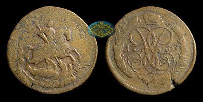 2 Копейки 1757 года. Перечекан из Копейки 1756 года