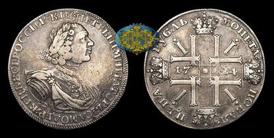 Рубль 1724 года, СПБ. Тип 1724-1725 годов, т.н. «Солнечный»