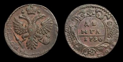 Денга 1730 года. Перечекан из копейки 1704-1718 годов