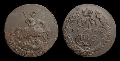 2 Копейки 1766 года, СПМ. Перечекан из 4 копеек 1761-1762 годов