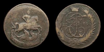 Копейка 1789 года, ММ. Красный Монетный Двор. Перечекан из двух копеек 1762 года