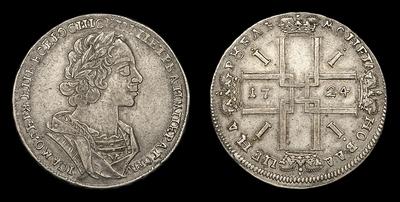 Рубль 1724 года. Тип 1723-1725 годов, т.н. “Бюст в античном плаще”
