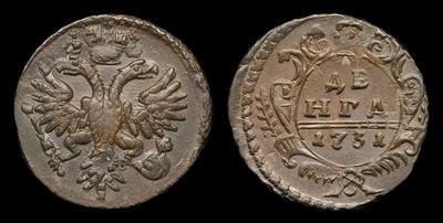 Денга 1731 года. Перечекан из копейки 1704-1718 годов