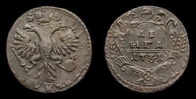 Денга 1731 года. Перечекан из копейки 1704-1718 годов