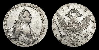 Рубль 1762 года, ММД TI ДМ. Тип 1762-1765 годов, т.н. «С шарфом на шее»