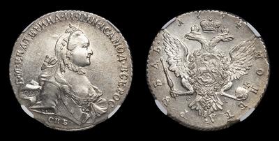 Рубль 1764 года, СПБ TI СА. Тип 1762-1765 годов, т.н. «С шарфом на шее»