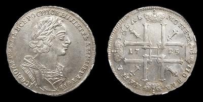 Рубль 1725 года. Тип 1723-1725 годов, т.н. «Бюст в античном плаще»
