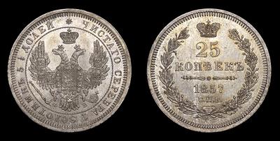 25 Копеек 1857 года, СПБ ФБ. Тип 1855-1858 годов. Санкт-Петербургский монетный двор