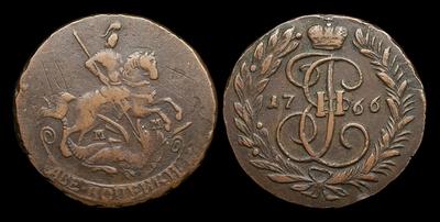 2 Копейки 1766 года, ММ. Тип 1763-1767 годов. Двойной перечекан из 2 Копеек 1757-1761 в 4 Копейки 1762 года. Красный монетный двор