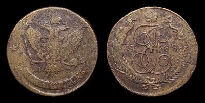 5 Копеек 1788 года, ММ. Тип 1763-1768, 1788-1889, 1795 годов. Двойной перечекан из 5 Копеек 1758-1761 годов в 10 Копеек 1762 года. Красный монетный двор