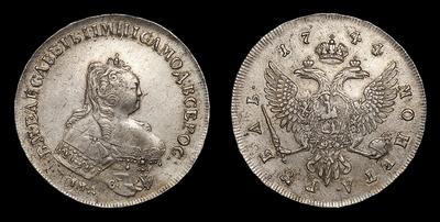 Рубль 1744 года, ММД. Тип 1742-1758 годов. Перечекан из Рубля 1741 года. Красный монетный двор