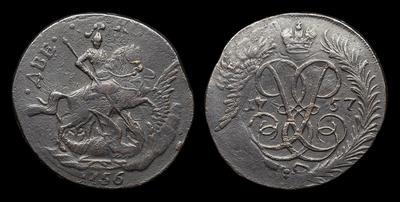2 Копейки 1757 года. Перечекан из Копейки 1755-1757 годов. Екатеринбургский монетный двор