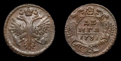 Денга 1731 года. Тип 1730-1731, 1734, 1735-1740 годов. Перечекан из Копейки 1704-1718 годов. Красный монетный двор