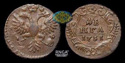 Денга 1731 года. Тип 1730-1731, 1734, 1735-1740 годов. Перечекан из Копейки 1704-1718 годов. Красный монетный двор