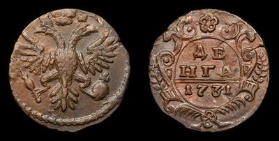 Денга 1731 года. Тип 1730-1731, 1734, 1735-1740 годов. Перечекан из копейки 1704-1718 годов. Красный монетный двор