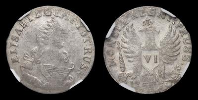 VI грошей 1759 года. Тираж 3 795 009 штук. Кенигсбергский монетный двор