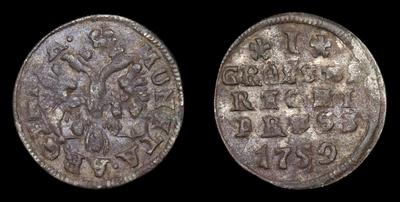 Грош 1759 года. Тираж 111 949 штук. Кенигсбергский монетный двор