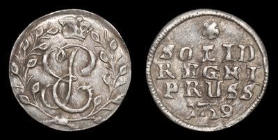 Солид 1759 года. Тираж 743 015 штук. Кенигсбергский монетный двор
