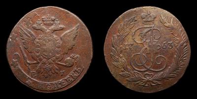 5 Копеек 1763 года, ЕМ. Тираж 32 656 351 штука. Екатеринбургский монетный двор