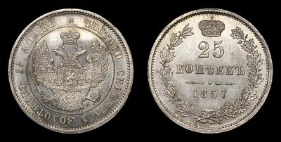 25 Копеек 1857 года, MW. Тираж 203 975 штук. Варшавский монетный двор