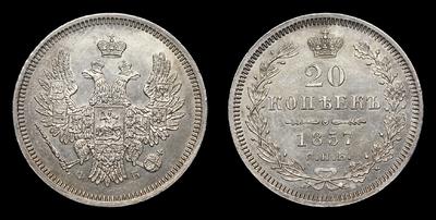 20 Копеек 1857 года, СПБ ФБ. Тираж 4 275 003 штуки. Санкт-Петербургский монетный двор