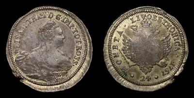 24 КОПЕЙКИ 1757 ГОДА, Т.Н. «ЛИВОНЕЗ». ТИП 1756-1757 ГОДОВ / НОВОДЕЛ