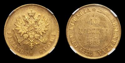 10 Марок 1905 года, L. Тираж 42 921 штука. Гельсингфорсский монетный двор
