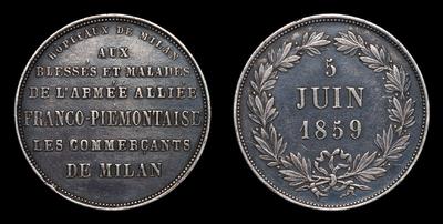 Медаль 1859 года «РАНЕНЫМ И БОЛЬНЫМ ФРАНКО-ПЬЕМОНТСКОЙ СОЮЗНОЙ АРМИИ ОТ ТОРГОВЦЕВ МИЛАНА»